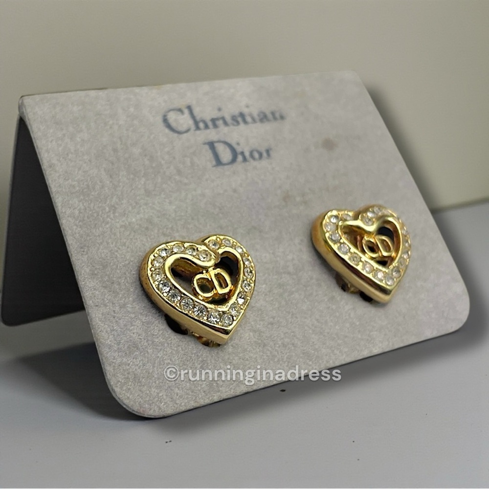 Vintage Christian Dior Gold CD Heart Crystal Earrings With Original Packaging - Picture 3 of 13